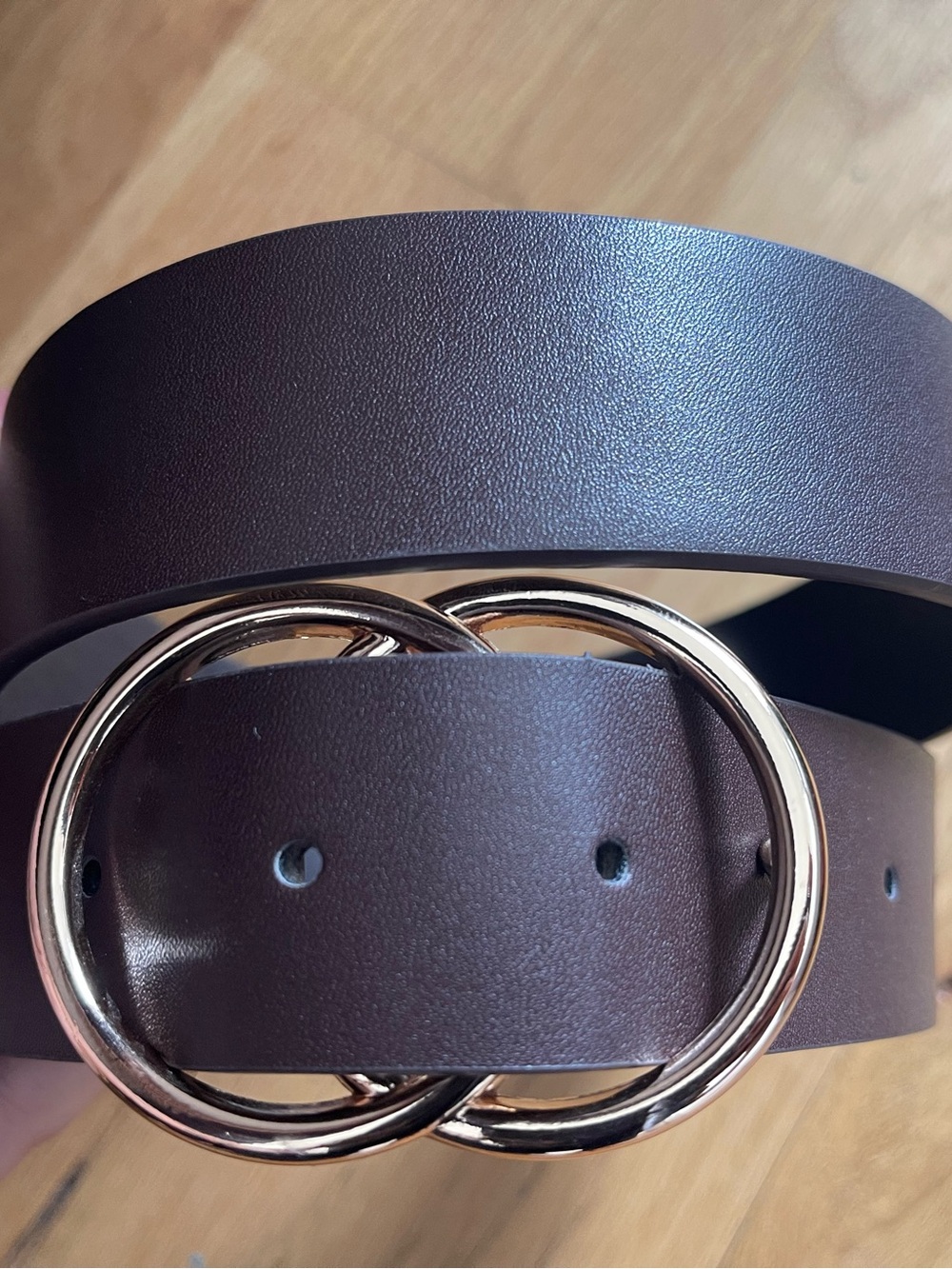 Women’s Brown Leather-Look Belt with Gold Double-Ring Buckle